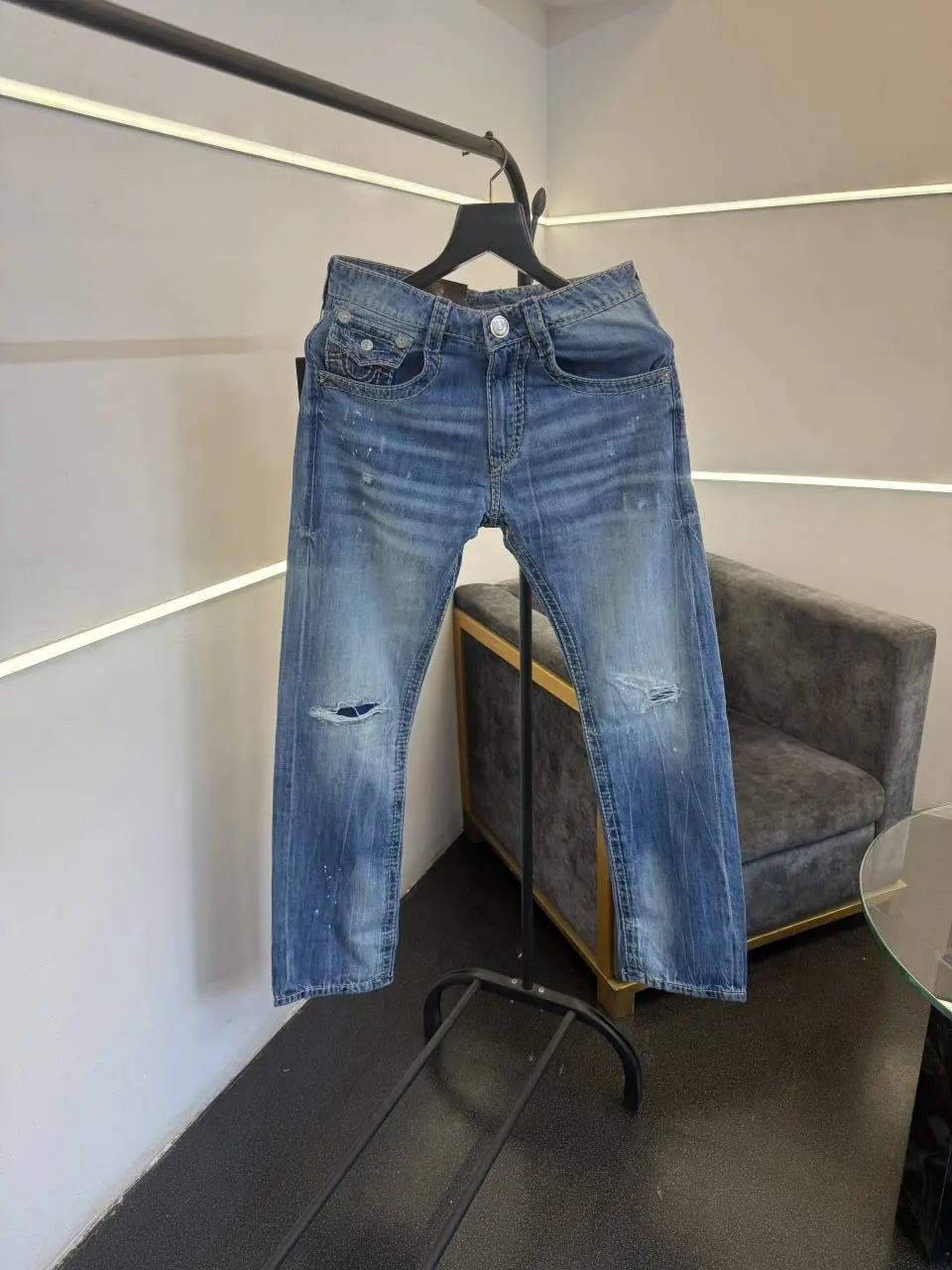 True religion ripped hyperflex straight imported imported denim light blue