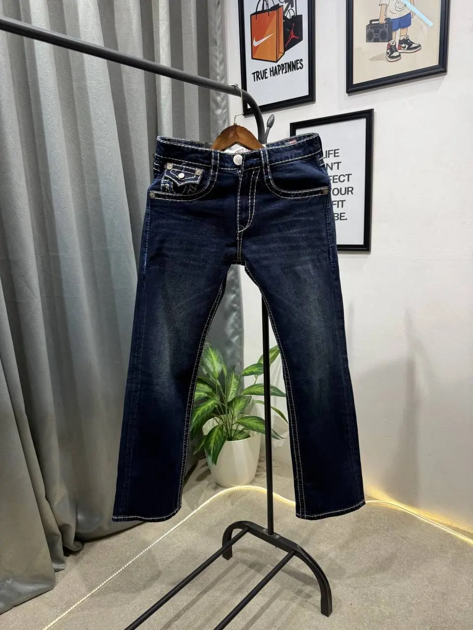 True religion boot cut dark blue imported denim with brand buttons