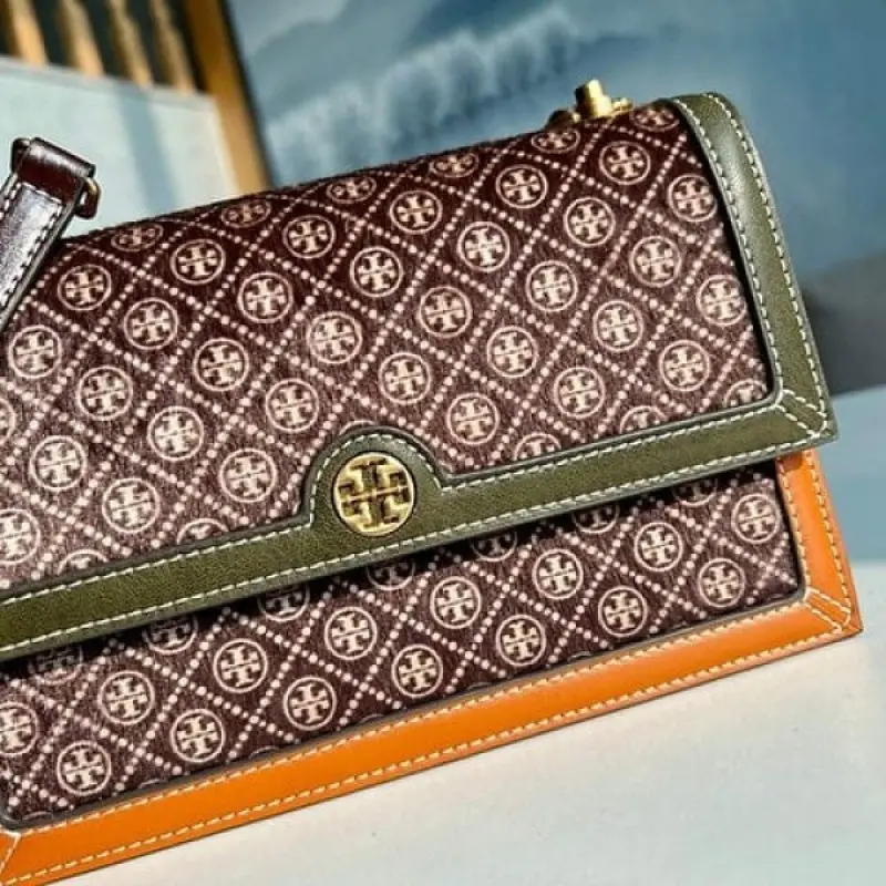 Tori Burch T Monogram Premium Leather Shoulder Bag With OG Box & Dust Bag & Accessories (Brown - 201) - Image 4