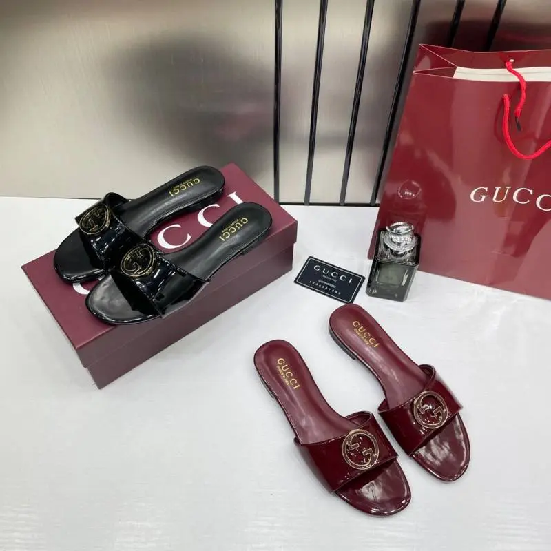 Gucci Round Interlocking G in Black Leather Shiny Classic Slides With OG Box & Carry Bag 1892 - Image 5