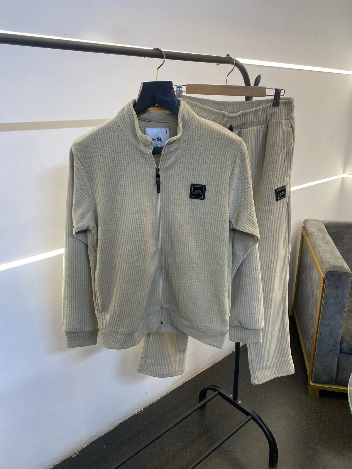Coach imported tracksuit with brand zip and knitted fabric along with side pockets beige sale