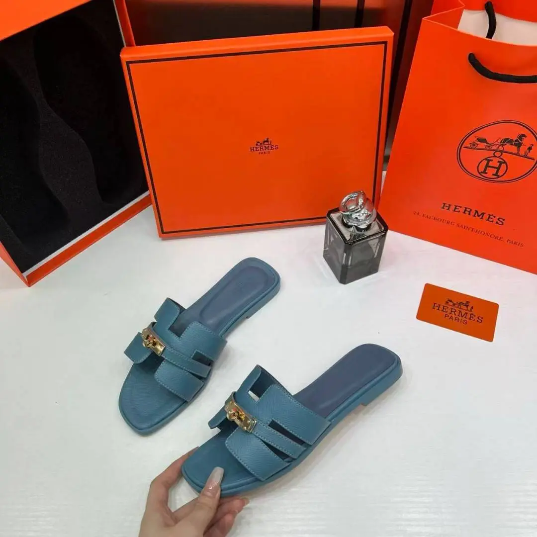 Hermes Paris Oran Flats For Her With OG Box & Carry Bag H38-41 Blue Jean Slide - Image 2