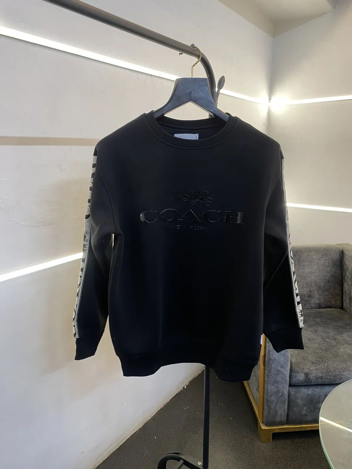 Coach heavy gsm lycra fleece sweatshirt with silicon brand tape on sleeves and front black