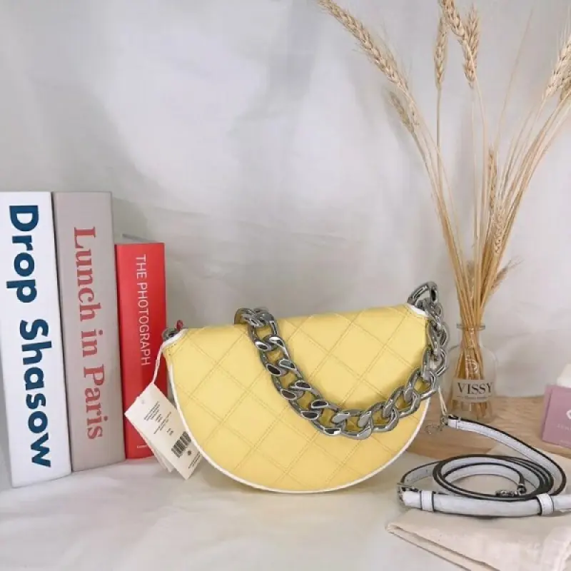 Tori Burch Fleming Crescent Premium Bag With OG Box & Dust Bag (Yellow - 608) - Image 8