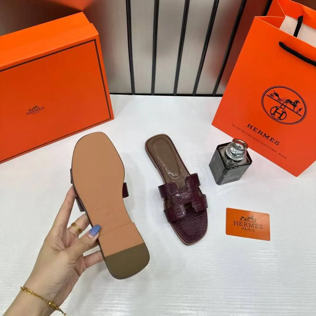 Hermes Paris Oran Flats Croc Leather White For Her With OG Box & Carry Bag Maroon Slide - Image 5