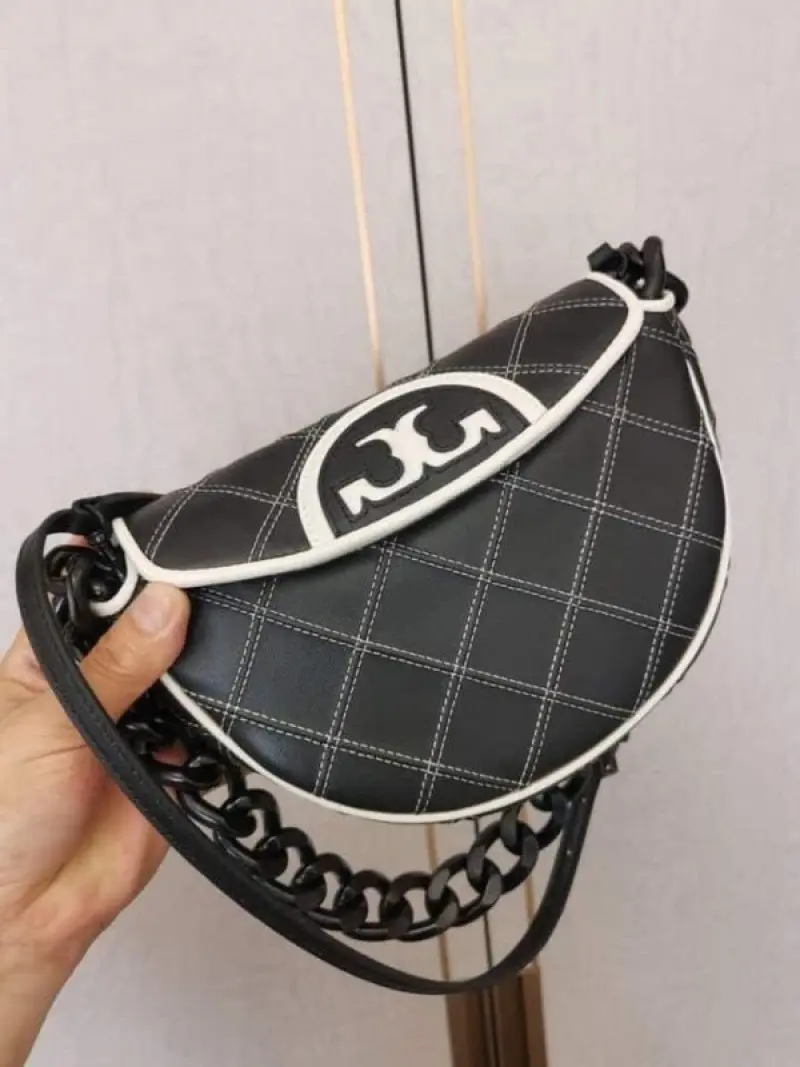 Tori Burch Fleming Crescent Premium Bag With OG Box & Dust Bag (Black White - 610) - Image 5