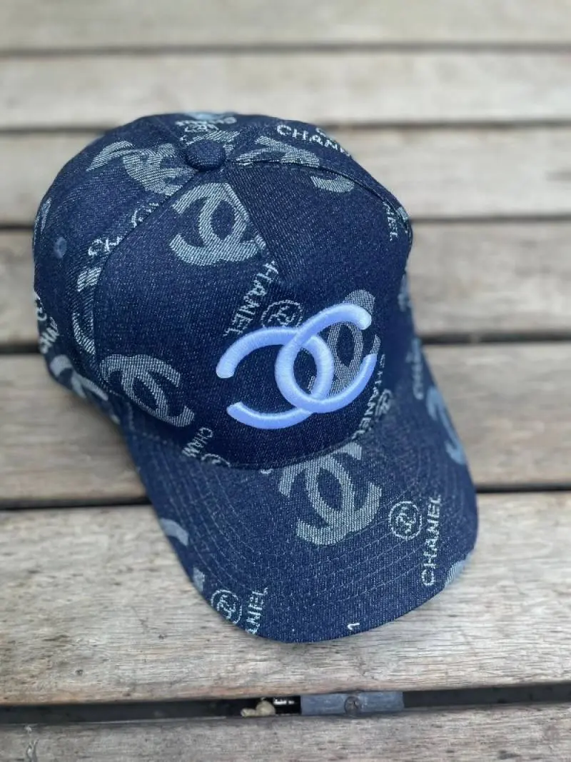 Chanel CC Denim Blue Monogram Print White Logo Premium Unisex Cap (With Box)
