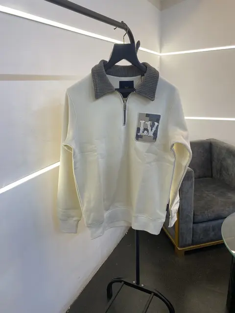 Louis Vuitton heavy gsm H zip cotton fleece imported sweatshirt cream