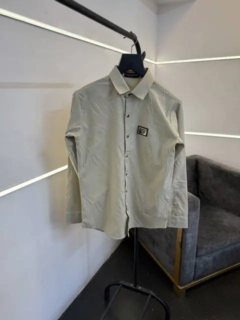 Dolce and gabbana embossed full print turkey imported shirt with brand buttons beige