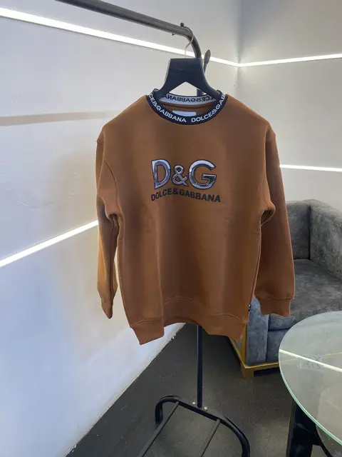 Dolce Gabana heavy gsm fleece fabric round neck sweatshirt with imported brand gloss print on front with knitted collar strip brown