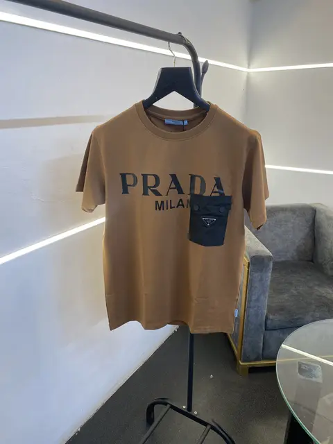 Prada turkey imported front pocket and print imported round neck tshirt brown sale