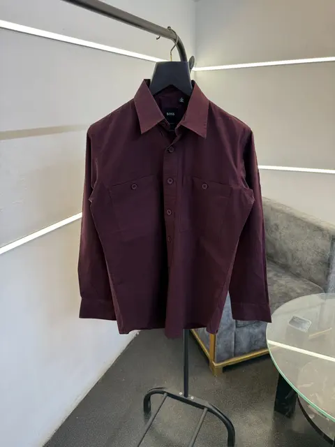 Hugo bos cargo double pocket imported shirt with embroidery logo on sleeves maroon