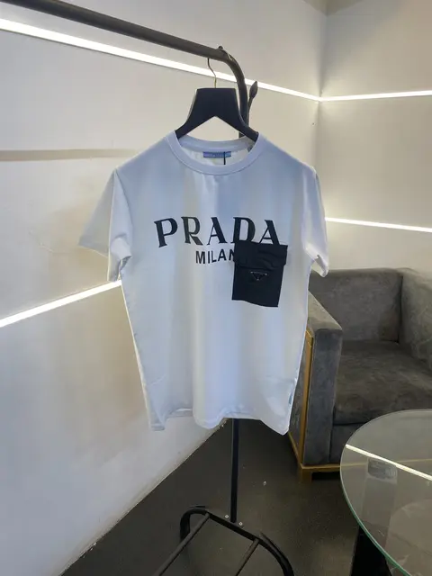 Prada turkey imported front pocket and print imported round neck tshirt white sale