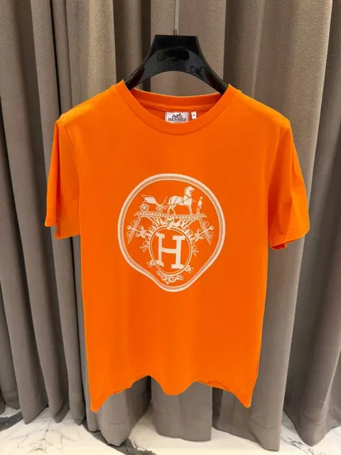 Hermes Middle Brand Print Round Neck T-shirt Orange