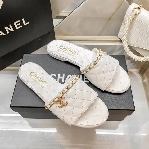 Chanel Chain Leather Slide With OG Box & Dust Bag (White - 1075)