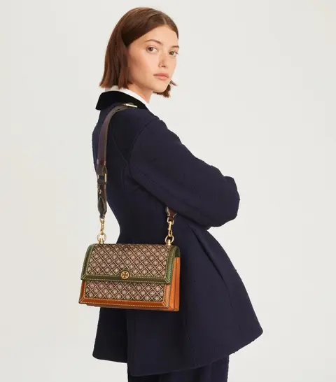 Tori Burch T Monogram Premium Leather Shoulder Bag With OG Box & Dust Bag & Accessories (Brown - 201)