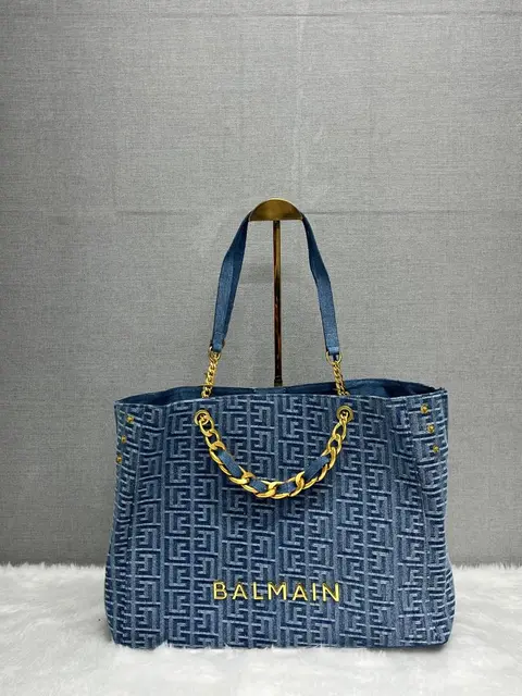 Balmain Denim Large Logo Plaque Tote With DustCover