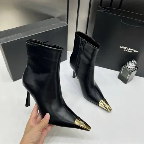 Ysl Saint Laurent Paris Black High-Heeled Ankle Boots With Gold Metal Toe Cap With OG Box Dust Cover & Carry Bag B1 Black
