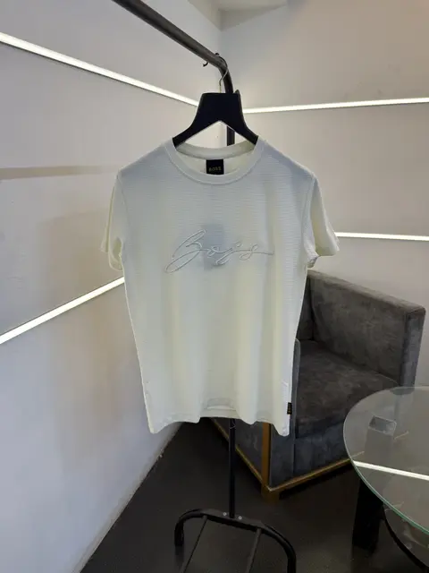 Hugo bos of white turkish imported knitted popcorn fabric round neck tshirt with embroidery logo