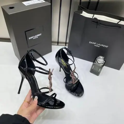 Ysl Saint Laurent Paris Rose Gold Metallic Patent Leather Monogram Cassandra Sandals Heel With OG Box Dust Bag & Carry Bag 158 Rose Gold