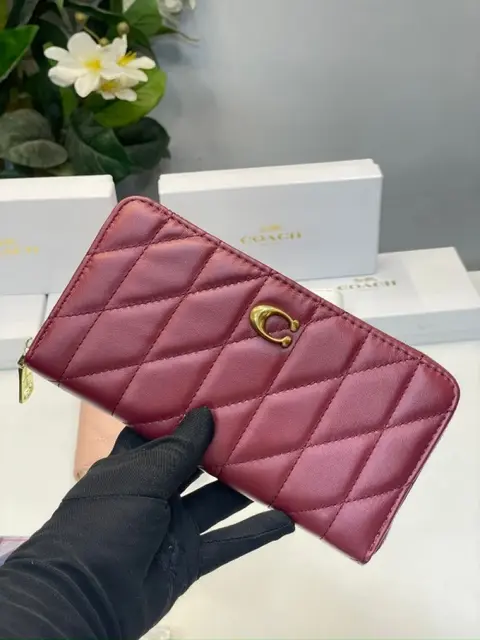 Coach Accordion Pillow Zipper Wallet With OG Box Dust Bag (Wine-855)