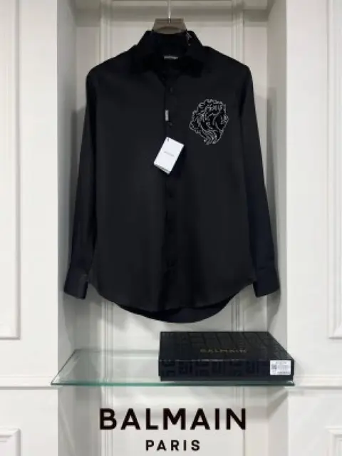 Balmain Chest Lion Diamond Logo Box Pack Full Sleeves Shirt Black