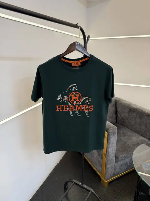 Hermes turkey imported patch printing imported round neck tshirt bottle green