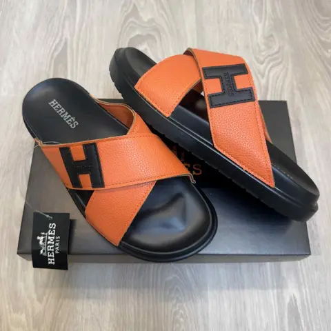 Hermes Criss-Cross Strap Premium Leather Orange Slides