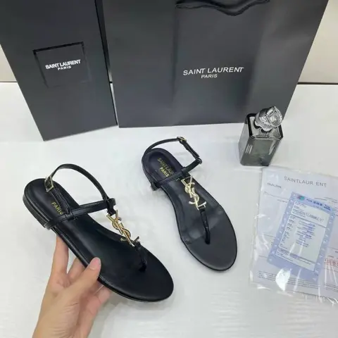 Ysl Saint Laurent Cassandra Flat Black Leather With Gold-Tone Metal Cassandre Logo Plaque With OG Box & Dust Cover