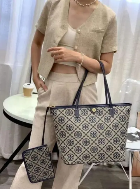 Tori Burch T Monogram Tote With OG Box & Dust Bag & Extra Pouch (Blue - 633)