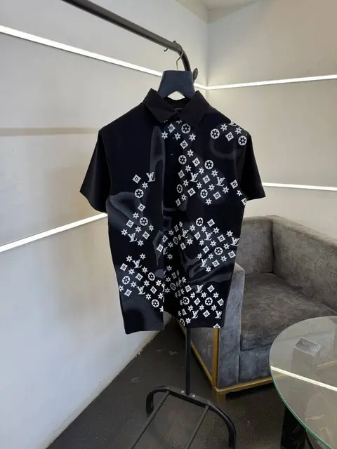 Louis Vuitton embossed and laser print imported polo tshirt black