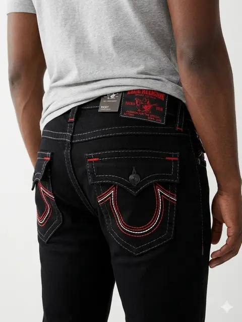 True Religion Black Straight fit Premium Imported Stretchable Lycra Fabric Denim with Back Pocket Embroidered Design 4206