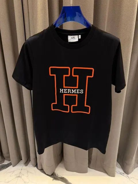 Hermes Middle Brand Print Round Neck T-shirt Black