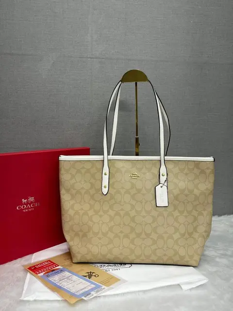 Coach City Tote Ap-White Top Zipper Tote With OriginalBox