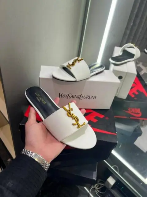 YSL Saint Laurent Premium Flats With OG Box & Dust Bag & Carry Bag (White - 1103)