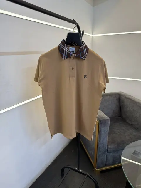 Burberry beige self knitted polo tshirt with multi collar and chest logo