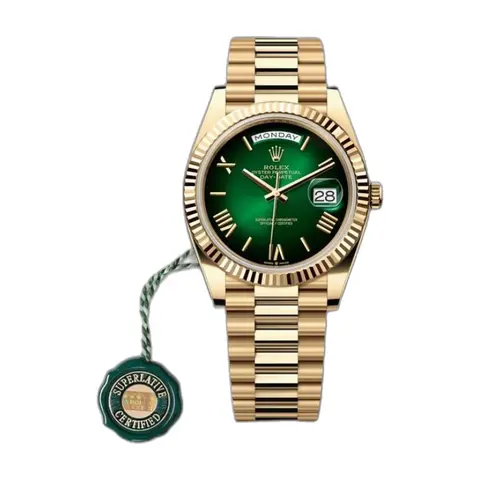 Rolex Oyster Perpetual Day Date 40 Battery Gold Green - front view