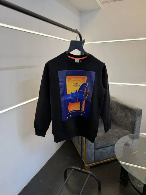 Hermes black imported graphic print cotton fleece sweatshirt