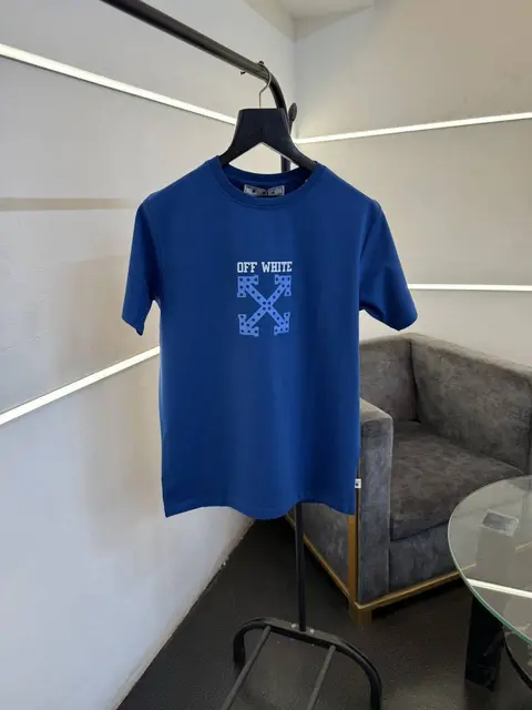 Of white Imported round neck tshirt with front and back print Blue