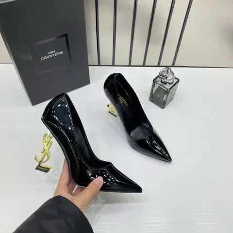 Ysl Saint Laurent Opyum Black Patent Leather Logo-Heel Pumps with OG Box 2499-1 Black