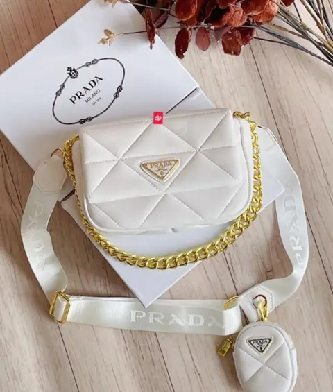 Prada System Nappa Bag With Pradda Iconic Triangle Design Pochette Bag With OG Box & Dust Bag (White-272)