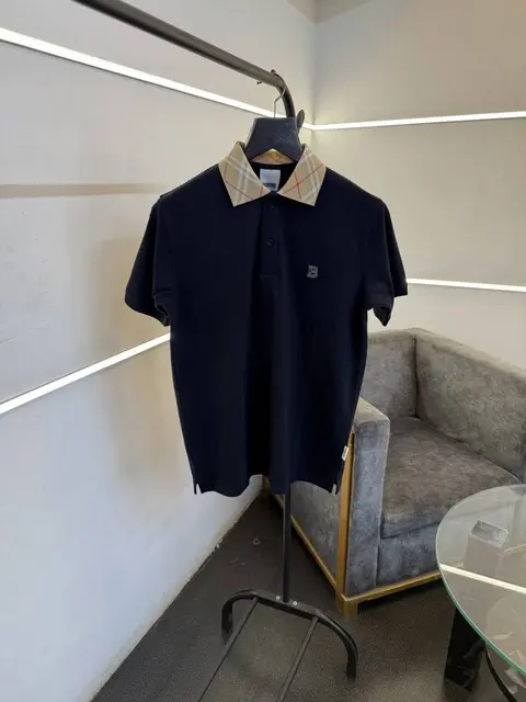 Burberry navy blue self knitted polo tshirt with multi collar and chest logo