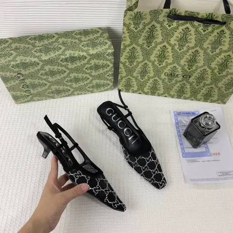 Gucci GG Mesh Slingback Pumps With Crystals With OG Box & Carry Bag Black 1806
