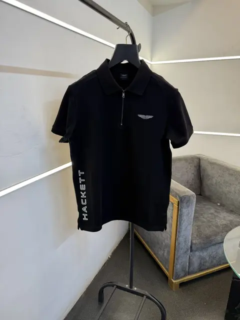 Hackett black imported polo tshirt with zip and cross brand name print sale