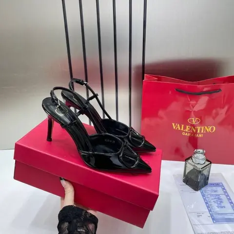Valentino Black Patent Leather Slingback Heels With OriginalBox CarryBag