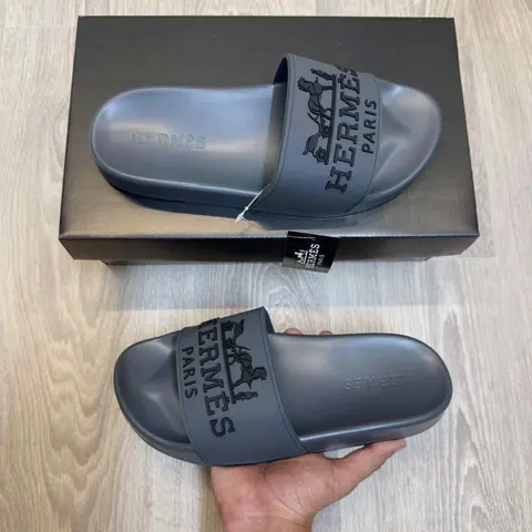 Hermes Paris Embossed Logo Grey Black Pool Slides