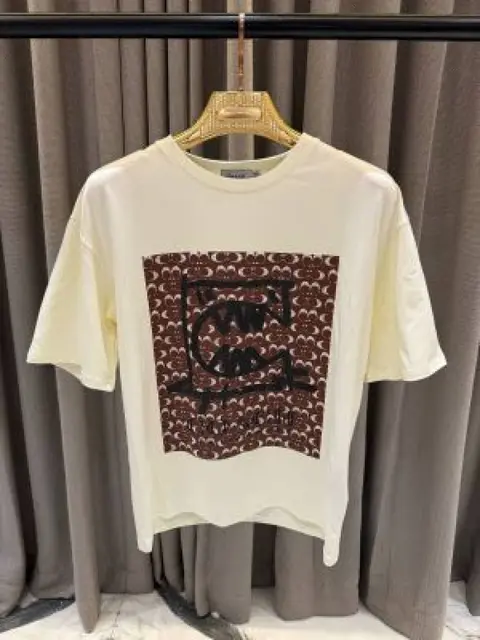 SALE Coach Middle Brand Embossed Print Round Neck T-shirt Cream