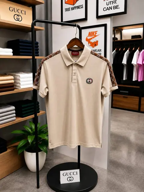 Gucci imported polo tshirt with brand shoulder strip and embroidery logo beingi