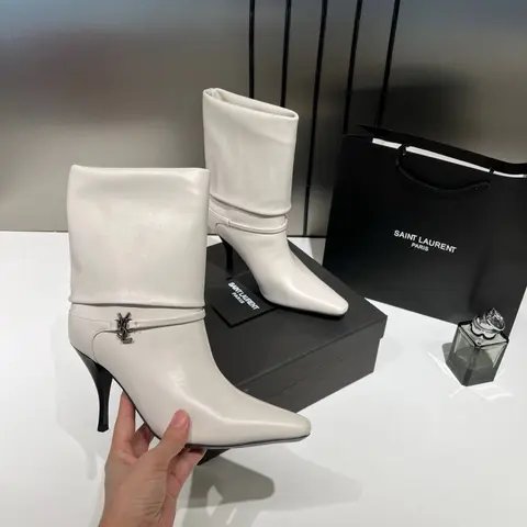 Ysl Saint Laurent Niki Leather High Heeled Ankle Boots With The YSL Logo With OG Box Dust Cover & Carry Bag B2 Of White