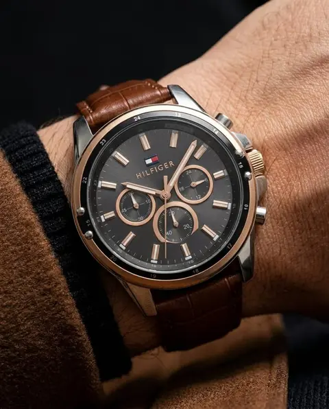Tommy Hilfige r Oxford Chronograph leather belt Brown-Copper-Black